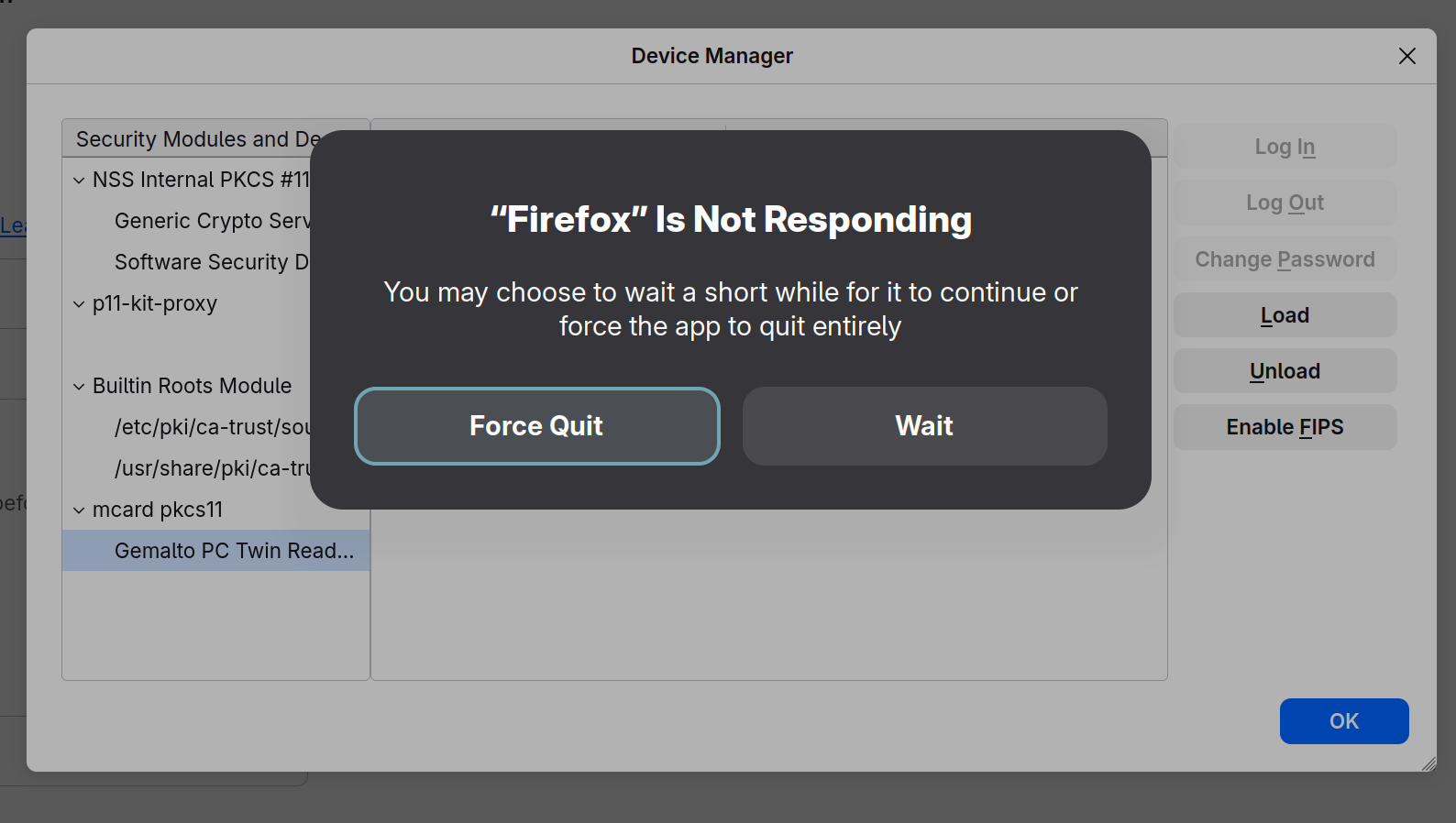 Firefox mcard pkcs11 unresponsive